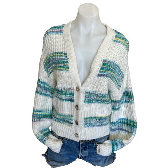 Slate & Willow White Teal Striped Oversized Cardigan Sweater SMALL Cropped $125 - Picture 7 of 10